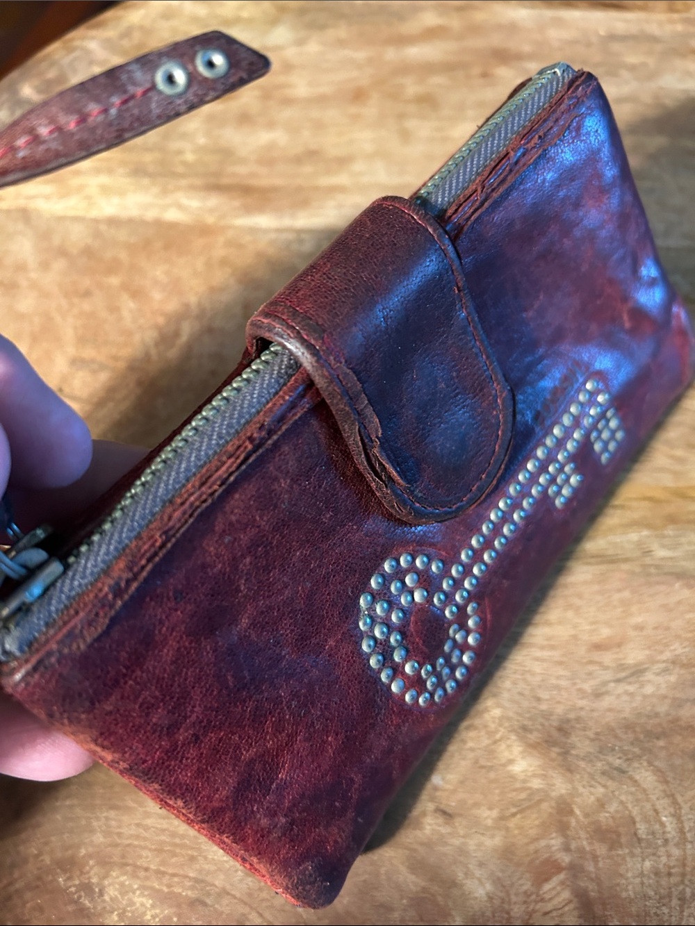 Studded Leather Wallet Clutch - Burgundy Vintage